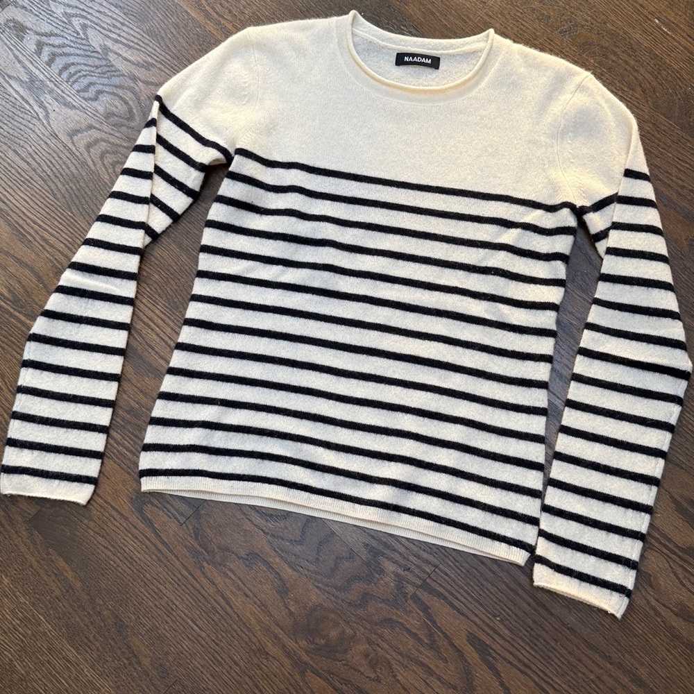 NAADAM Striped Cream and Black crewneck Sweater 100% CASHMERE